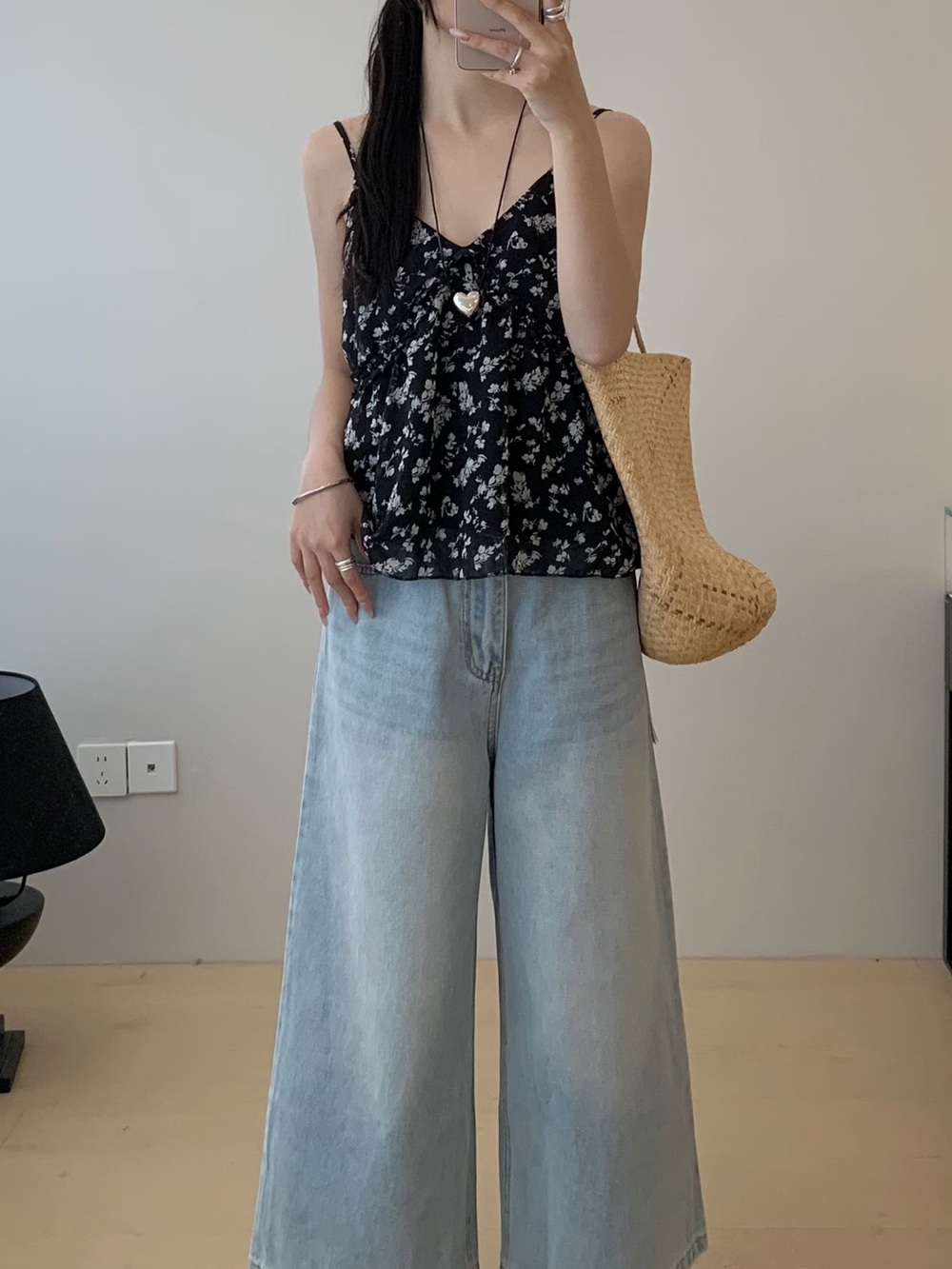 Korean Navy Floral Spaghetti Strap Tank Top